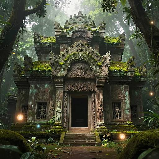 Photograph of an ancient, moss-covered temple with intricate carvings, surrounded by dense jungle, illuminated by soft, glowing lights.