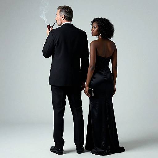 Photograph of a white man in a black suit smoking, standing back-to-back with a Black woman in a black strapless gown, holding a phone