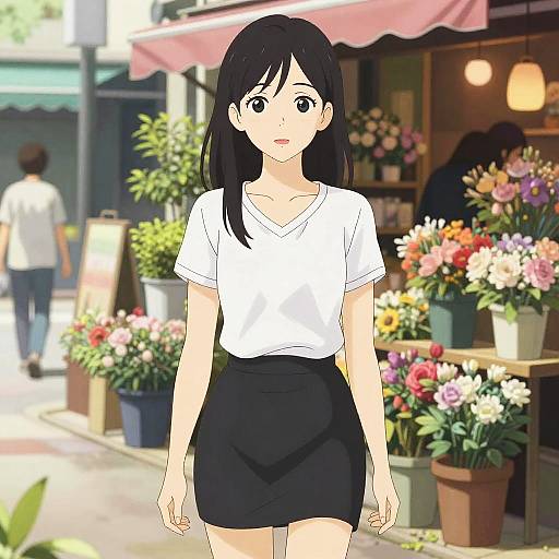 Anime-style digital drawing of a young woman with black hair, white shirt, and black skirt, standing in a flower shop street.