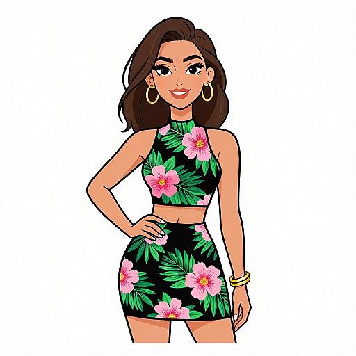 Digital illustration of a confident woman with medium brown skin, dark wavy hair, wearing a black floral crop top and skirt, gold hoop earrings, and