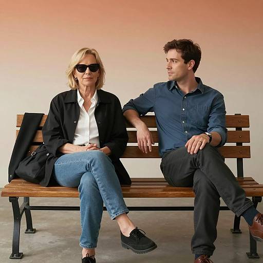 Two People Sitting on Wooden Bench