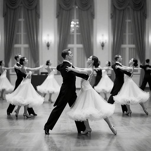 Elegant Black-and-White Ballroom Dance Scene