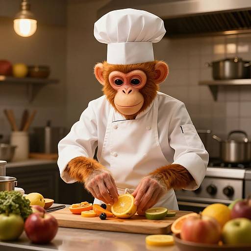 Photograph of a monkey in a white chef's hat and coat, slicing a lemon on a kitchen counter with various fruits.