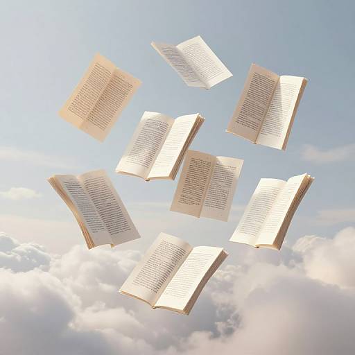 Photograph of seven open books floating in mid-air against a bright blue sky with scattered white clouds. Books are slightly tilted, showing text and pages.