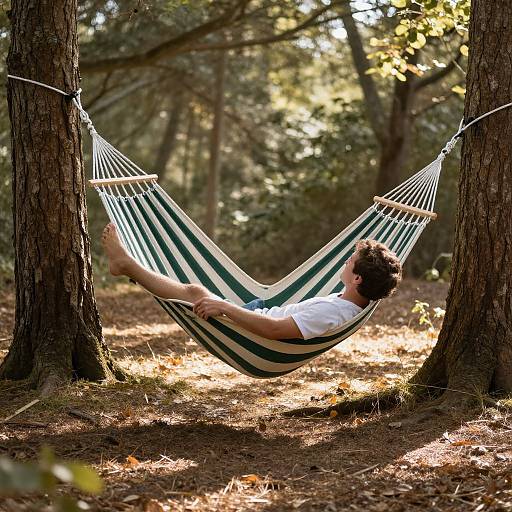 Photograph of a man with short brown hair, wearing a white t-shirt, relaxing in a green-and-white striped hammock between two trees in a