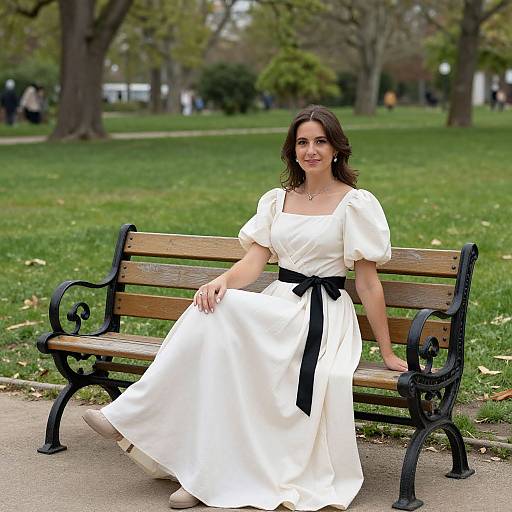 Photograph of a smiling woman with dark hair, wearing a white dress with black ribbon and puffed sleeves, seated on a wooden park bench with black