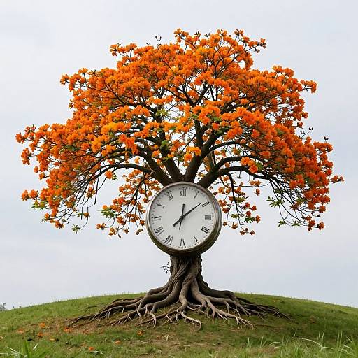 Photograph of a tree with vibrant orange flowers and a white clock face centered on the trunk, set on a grassy hill.