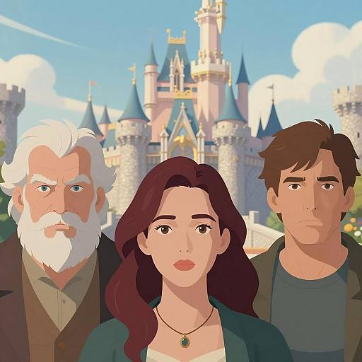 Three Characters Before a Fantasy Castle