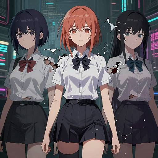 Digital anime-style illustration of three schoolgirls in white shirts and black skirts, standing in a neon-lit, futuristic cityscape. Central girl with red