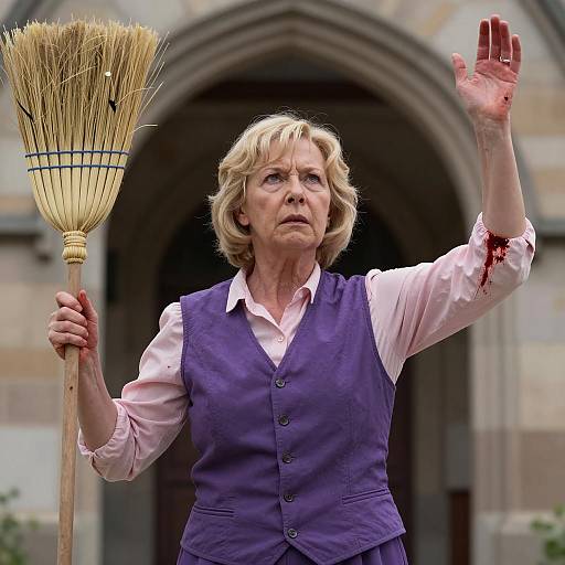 Middle-aged Woman Holding Broom with Bloodied Sleeve