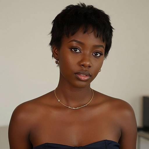 Photograph of a young African woman with short black hair, dark skin, and glossy lips, wearing a gold necklace and strapless black top, against