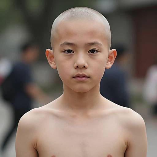 Portrait of Bald Asian Boy with Serious Expression
