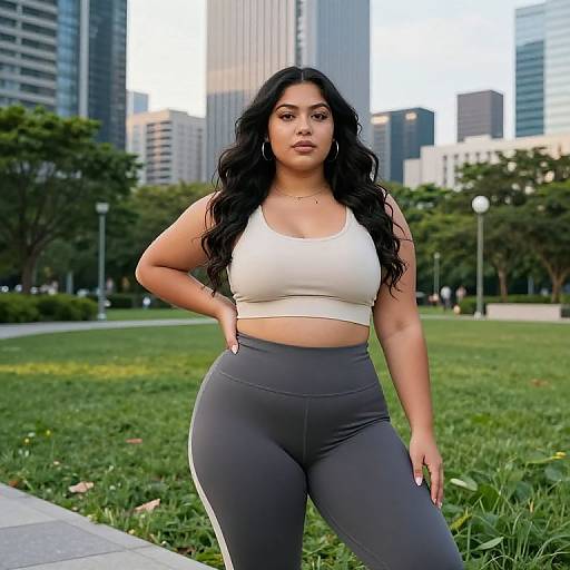 Photograph of a curvy Latina woman with long black hair, wearing a white sports bra and gray high-waisted leggings, standing confidently in a