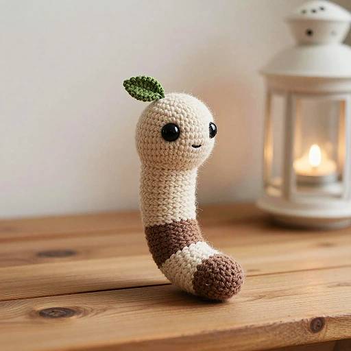 Hand-crocheted worm with black eyes, white and brown body, green leaf, on wooden table beside white lantern with candle. Photographic image