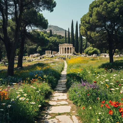 Path to Ancient Greek Temple in Meadow
