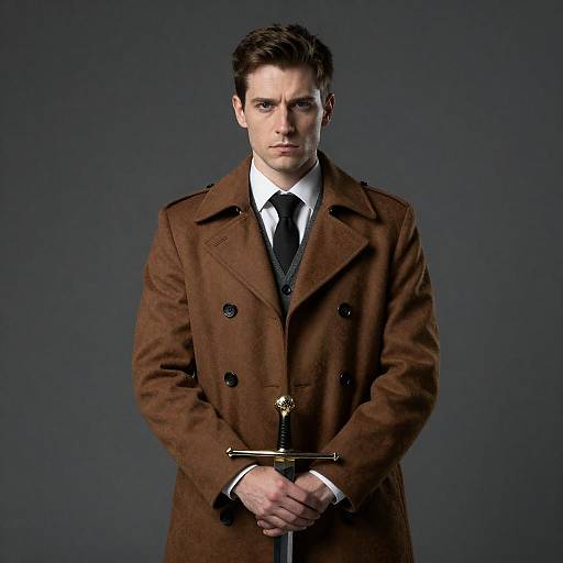 Serious Man in Brown Coat with Sword