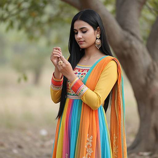 Photograph of an Indian woman with long black hair, wearing a colorful orange and blue traditional saree with intricate embroidery, standing outdoors near a tree,