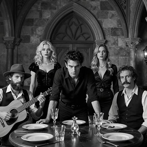 Gothic Gathering: A Black and White Scene