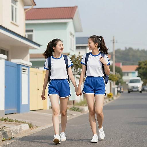 Two Young Women Walking Hand in Hand in Residential Neighborhood
