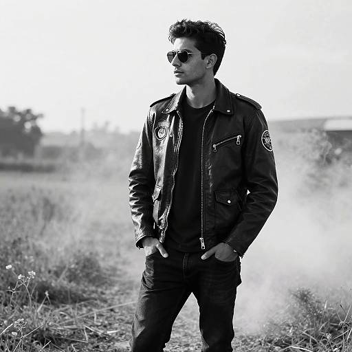Black-and-white photograph of a confident man with dark hair, sunglasses, and leather jacket, standing in a grassy field, hands in pockets, looking