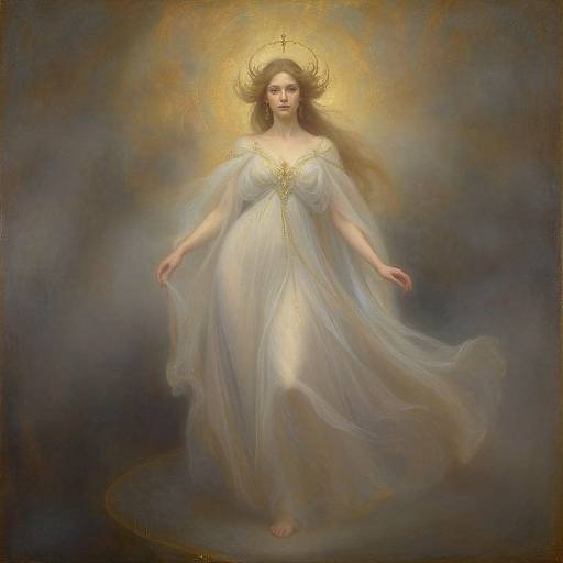 Digital painting of a serene, ethereal woman in a flowing white gown with golden halo, standing barefoot against a misty, dark background.