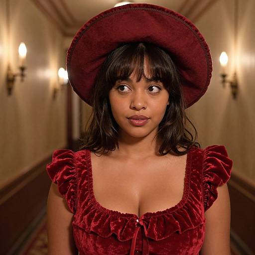 Photograph of a young Black woman with medium brown skin, wearing a red velvet dress and matching wide-brim hat, standing in a dimly lit