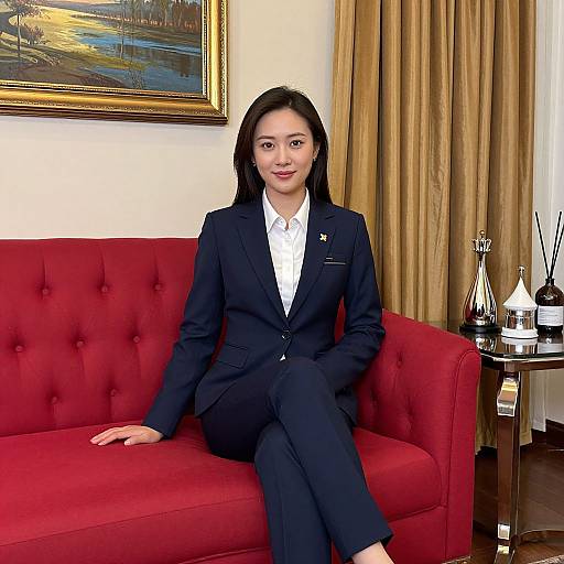 Photograph of an Asian woman in a black suit, white shirt, seated on a red tufted couch, with gold curtains and a painting in
