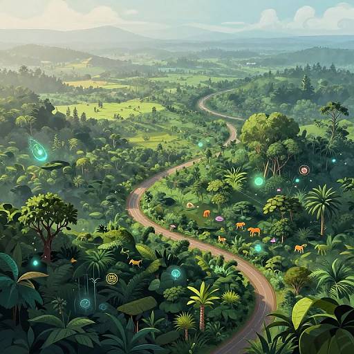 Digital painting of a lush, vibrant jungle landscape with a winding path, glowing orbs, colorful flowers, and whimsical animals, under a bright, cloudy