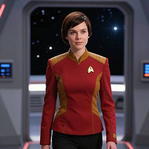 Photograph of a short-haired woman in a Star Trek-inspired red and gold uniform with a triangle emblem, standing in a futuristic spaceship corridor with a star