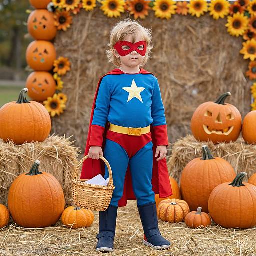 Child Superhero in Autumn Pumpkin Patch