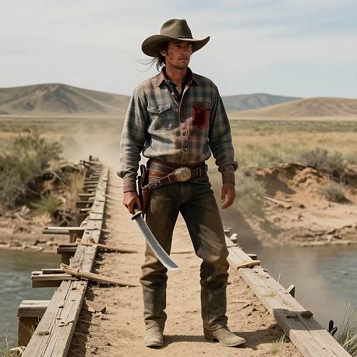 Photograph of a rugged cowboy standing on a wooden bridge, holding a knife, wearing a blood-stained plaid shirt and black hat, in a