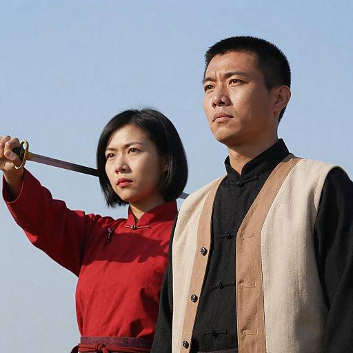 Traditional Asian Duo Under Blue Sky