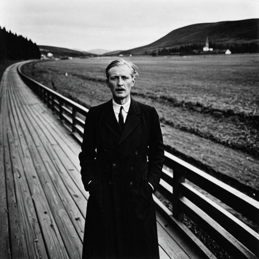 Black and White Portrait of Man on Bridge