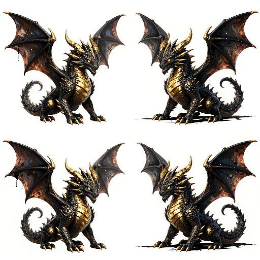 Digital artwork of four identical black dragons with gold accents, large wings, and spiked tails, arranged in a 2x2 grid on a white background