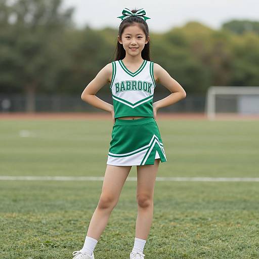 Photograph of a young Asian girl with long black hair, wearing a green and white cheerleader uniform, standing on a grassy field, smiling,