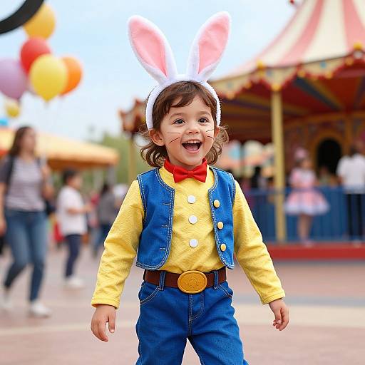 Photograph of a joyful young girl in a yellow shirt, blue denim vest, and bunny ears, smiling at a colorful carnival.