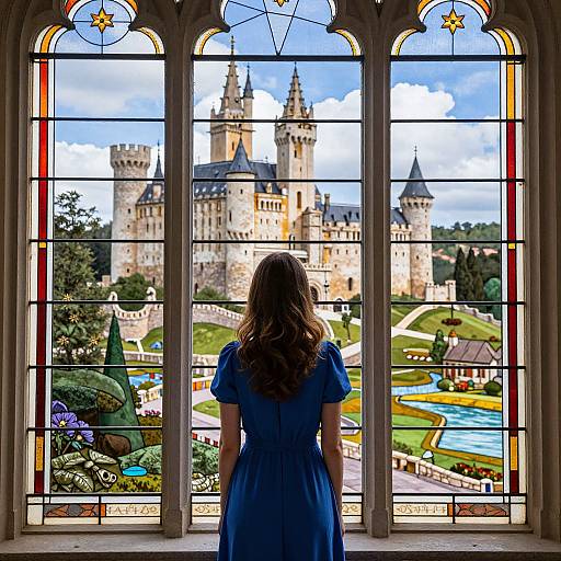 Woman in blue dress stands before stained glass window, gazing at fairytale castle with towers, gardens, and blue sky outside.