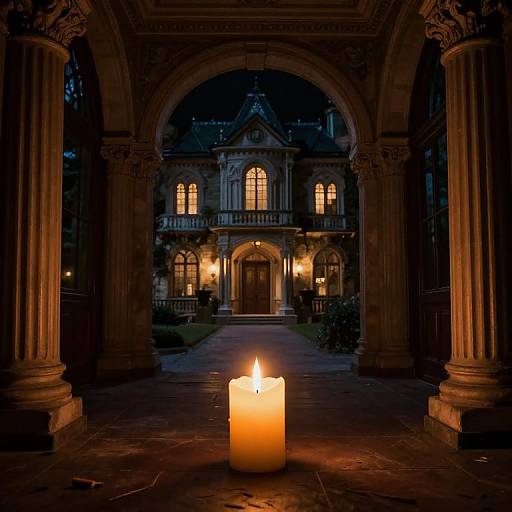 Photograph of a lit, glowing candle in an ornate, dark stone archway leading to a warmly illuminated, Gothic-style mansion at night.
