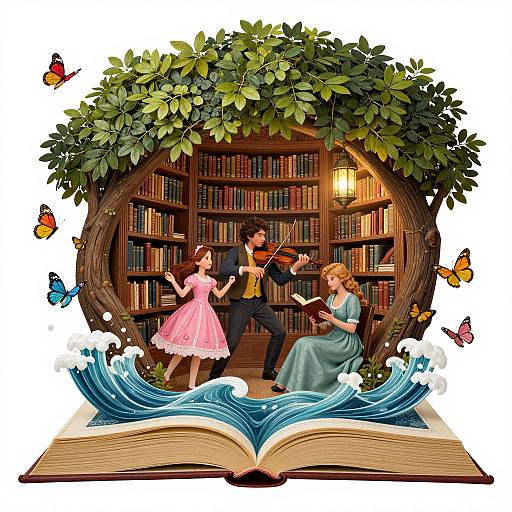 Magical Library Emerging from Book Waves