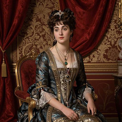 Victorian-era portrait of a fair-skinned woman with dark curly hair, wearing an ornate blue and gold dress, sitting on a red velvet chair