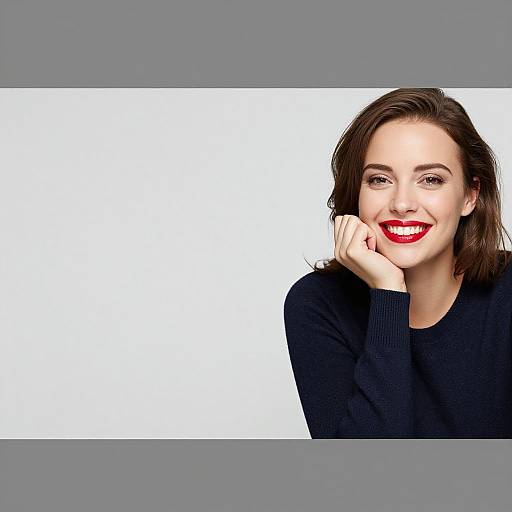 Photograph of a smiling woman with fair skin, brown hair, red lipstick, and black sweater, resting her chin on her hand against a white background