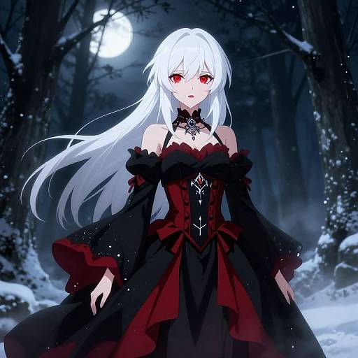 Digital anime-style illustration of a white-haired, red-eyed girl in a black and red gothic dress, standing in a moonlit snowy forest.