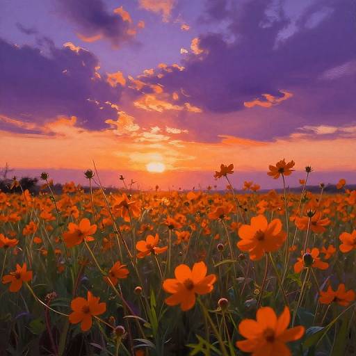 Vibrant photograph of a field of orange flowers at sunset, with a colorful sky of purple and orange clouds.