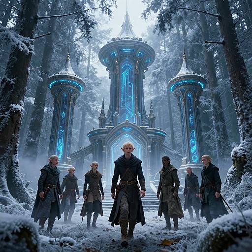 Photorealistic digital artwork: A group of six elderly men in dark, long coats stand before a glowing, blue-lit, futuristic temple in a