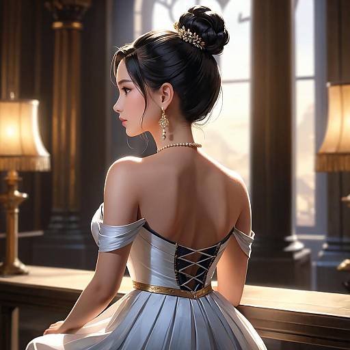 Elegant Woman in Off-Shoulder Dress Sitting Indoors