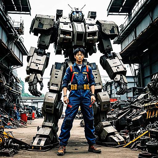 Mech Engineer in Dynamic Scrapyard Scene