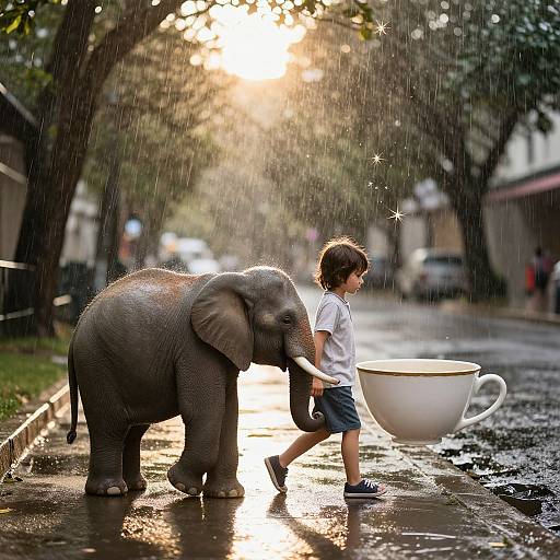 Photograph of a young boy walking beside a small elephant in the rain, carrying a giant white teacup on a sunlit, tree-lined street