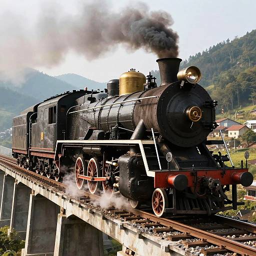 Photograph of a vintage black steam locomotive with red wheels, emitting smoke, crossing a concrete bridge amidst a lush, mountainous countryside.