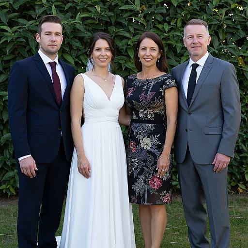 Photograph of a bride in a white gown, bridesmaid in floral dress, and two men in suits standing in front of lush greenery.