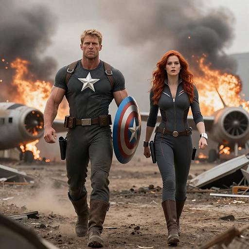 Superheroes Confronting a War-Torn Battlefield